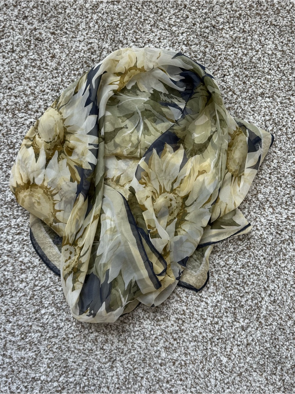 Jaeger Vintage Silk Sunflower Scarf Square 34x34 Olive Green Cream Sheer
